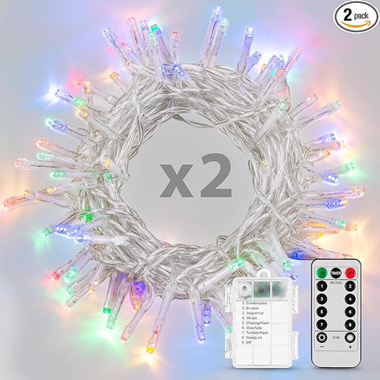 2 Pack 36ft 100 LED Battery Operated String Lights with Remote Timer Waterproof 8 Modes String Lights for Bedroom, Garden, Easter, Party, Christmas Indoor and Outdoor Decorations -Multicolor
