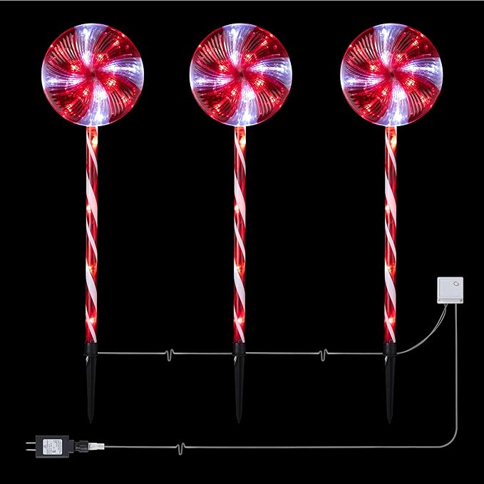 Alpine Corporation 28" H Outdoor Candy Cane Yard Stakes with Red and White LED Lights (Set of 3), Christmas Decoration