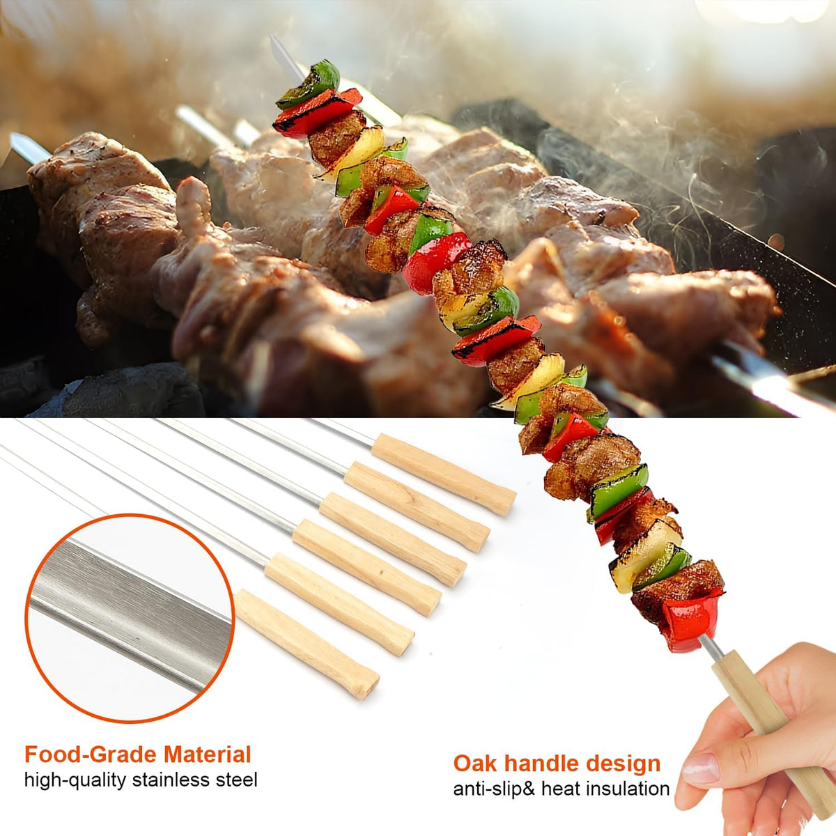 SHIKORI Kabob Skewers,BBQ Barbecue Skewers,Stainless Steel Sticks,23 Inch Heavy Duty Large Wide Reusable,with Nonslip Wooden-6 Pcs