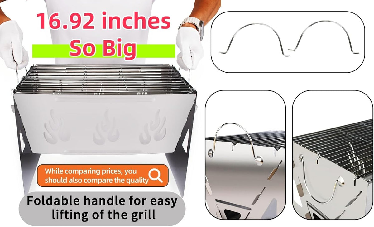 Travel-Ready BBQ Grill with Carry Bag,16.92-inch,Portable Compact Foldable Camping Grill,Easily disassembles for storage in a carrying bag,Stainless Steel Charcoal Grill, Outdoor barbecue fire pit