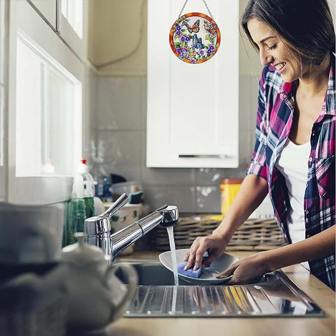 Butterfly Stained Glass Suncather Window Hangings, Colorful Flower Suncatchers 6 inch Colorful Glass Panel Sun Catchers Pretty Gifts, Decoration for Home Garden Christmas Party Wedding