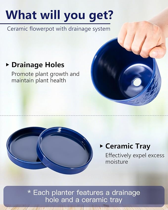 Ceramic Plant Pots –5 inch Indoor Flower Pot with Drainage Hole and Ceramic Tray - Gardening Home Desktop Office Windowsill Decoration Gift, Set of 4-Plants NOT Included(Blue)