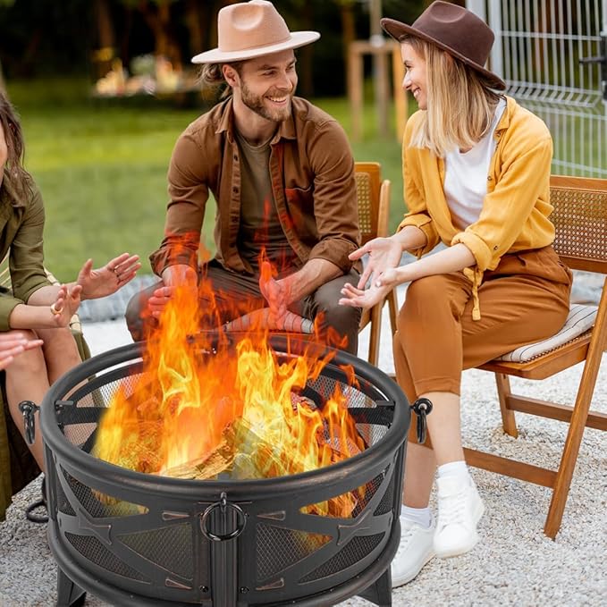 Breezz 26 Inch Wood Burning Fire Pit with Cooking Grill and Spark Screen, Outdoor Metal Round Firepit for Patio, Backyard, Bonfire Party, Camping