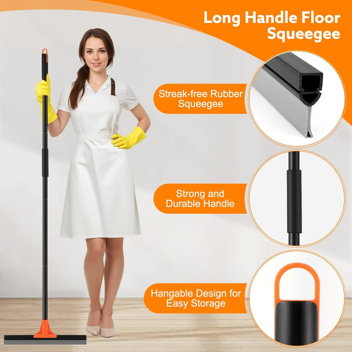 Floor Squeegee Heavy Duty, 17 Inch Rubber Blade, 60 Inch Long Aluminum Handle, Multipurpose Cleaning Squeegee for Garage, Tile, Deck, Bathroom, Window, Glass