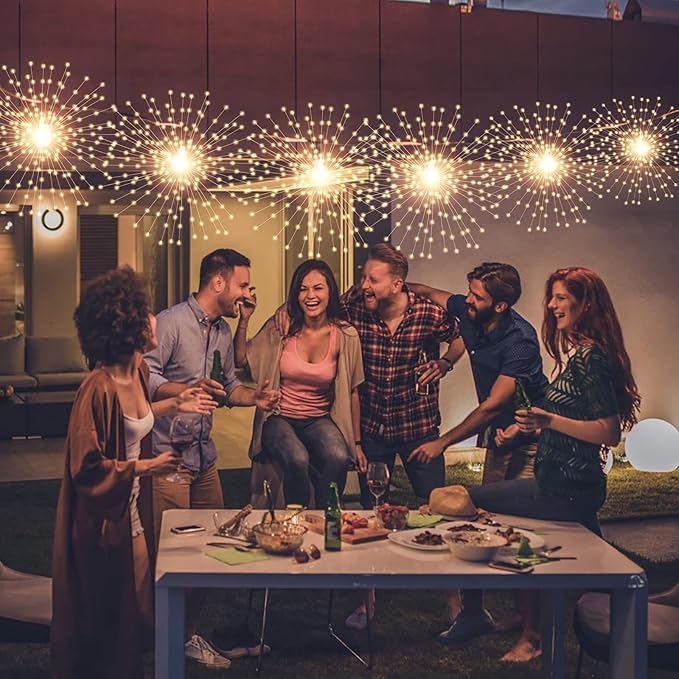 4 Pcs 800LED Solar Starburst Sphere Lights,Firework Lights Remote Control Timer 8 Modes Dimmable Waterproof Hanging Fairy Lights, Sparkly Lights for Patio Garden Tent Outdoor(Warm White)