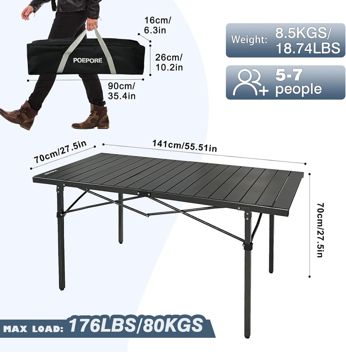 Large Folding Camping Table Aluminum for 5-7 People 55"X27.5" Roll Up Tall Outdoor Portable Table Lightweight with Carry Bag for Picnic BBQ Backyard Beach Black