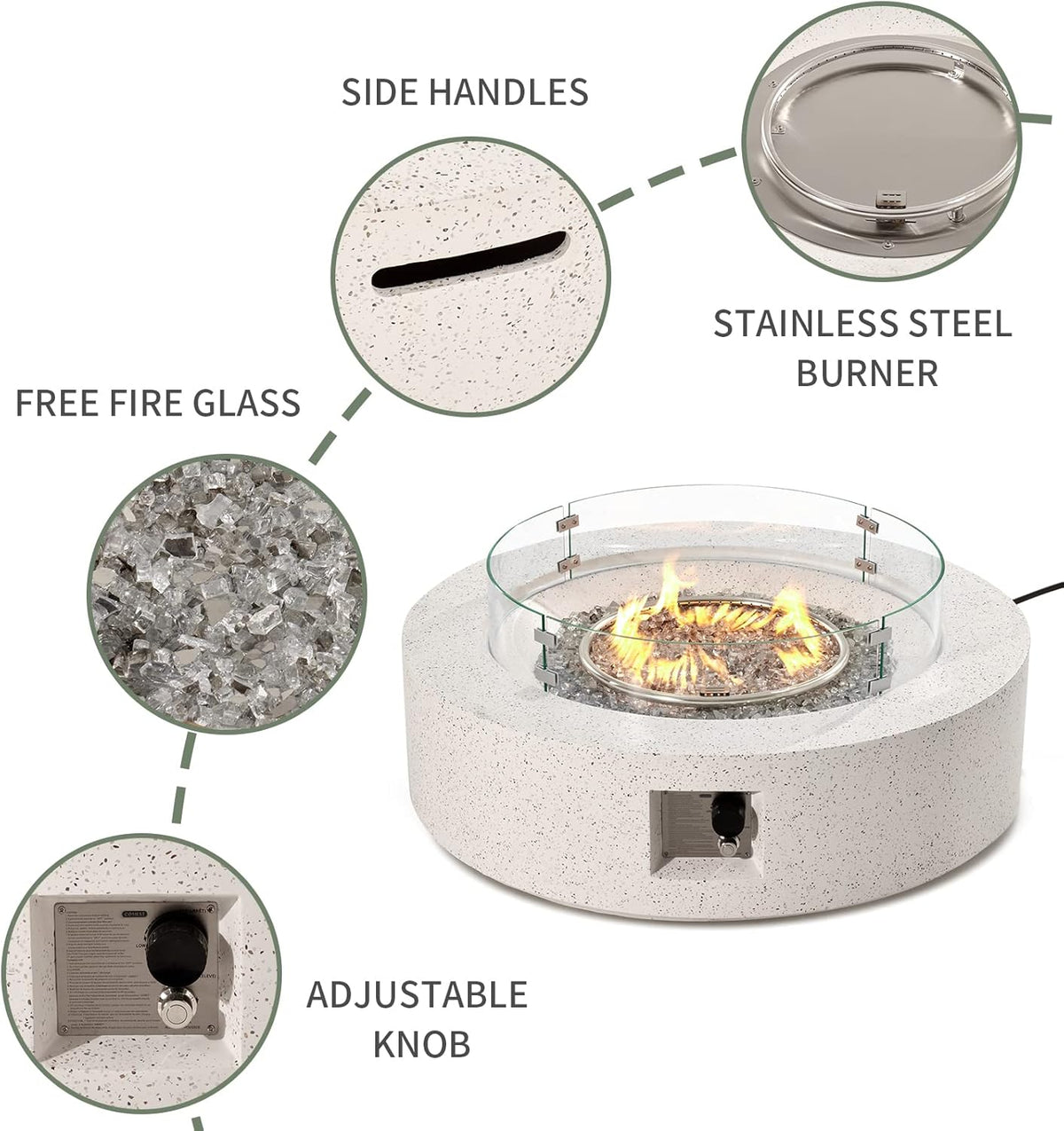 COSIEST Outdoor Propane Fire Pit Coffee Table w Terrazzo White 42 inch Round Base Patio Heater, CSA Certified, 50,000 BTU Stainless Steel Burner, Wind Guard, Transparent Gray Fire Glass, Rain Cover