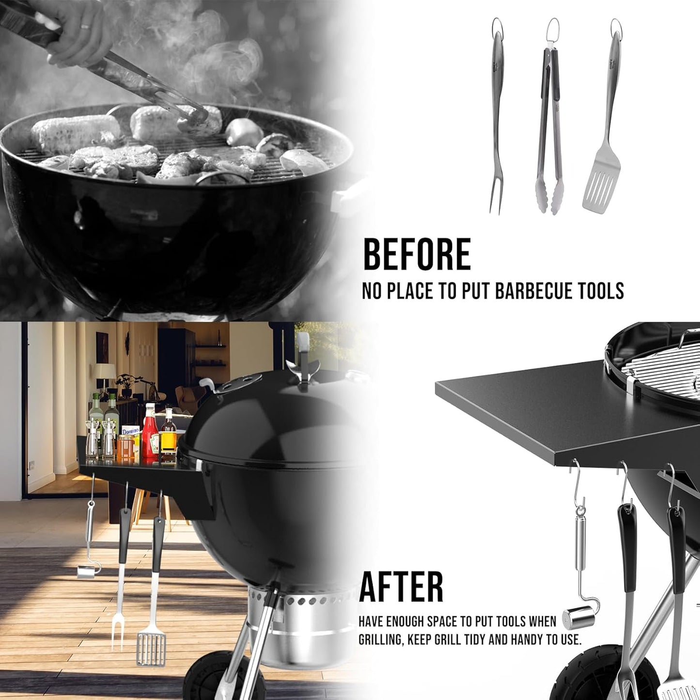 Charkettle Grill Table Shelf Compatible with Weber 22 Inches Kettle Grills, Outdoor Charcoal Grill Side Table BBQ Accessories with Hooks