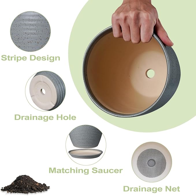8 Inch Plant Pot Ceramic Planter Pot with Drainage Hole and Saucer Modern Round Flower Pot for Indoor Plants Light Gray