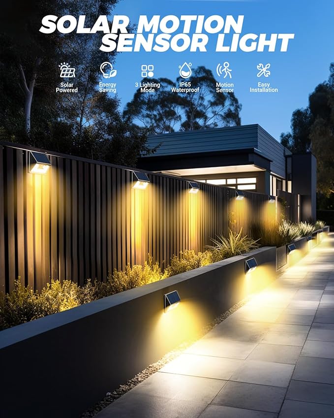 12 Pack Solar Fence Lights, Motion Sensor Deck & Wall Lights - Warm White LED, Wireless, Waterproof, Outdoor for Yard, Steps & Garden - Black