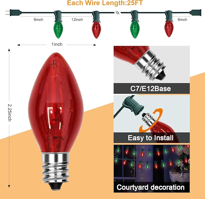 C7 LED Christmas Lights Multicolor 25Ft Outdoor Christmas Decoration Lights with 27 Red Green LED Bulbs, Vintage Christmas Lights for Christmas Tree Carnival Patio Wedding Holiday Pathway Lighting