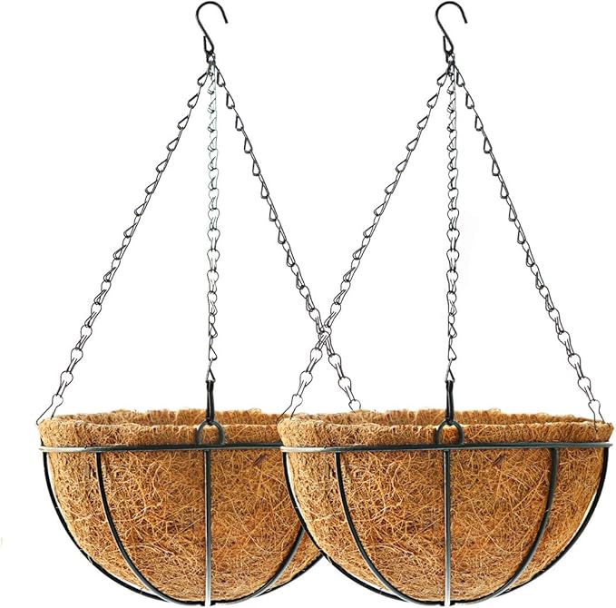 Hanging Plant Basket Flower Holder (2pack, 16 inch)-Metal Wire Round Hanging Basket Planter with Coco Fiber Liners for Plants Flower Pots Outdoor Garden Porch and Balcony Decor