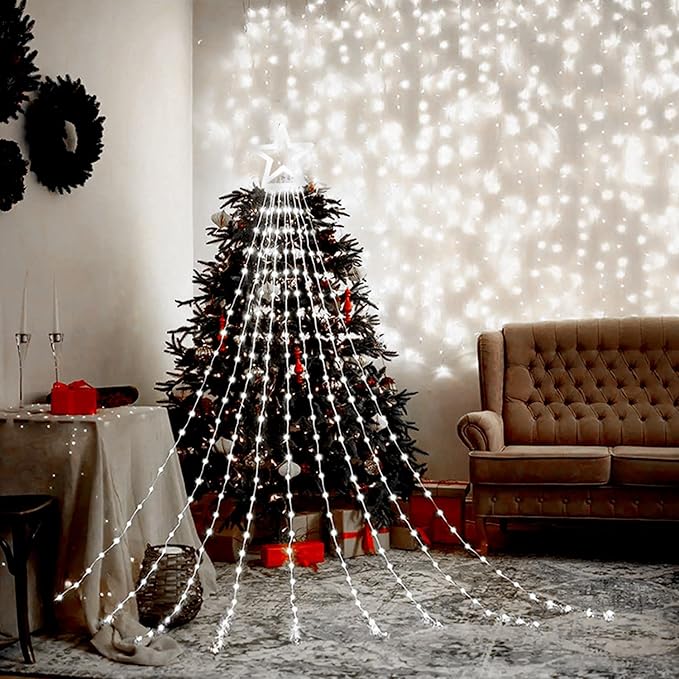 Christmas Decorations Star String Lights, 320 LED Waterfall Tree Lights with 13" Topper Star 8 Lighting Modes Indoor Outdoor Decorative for New Year, Holiday, Wedding, Party
