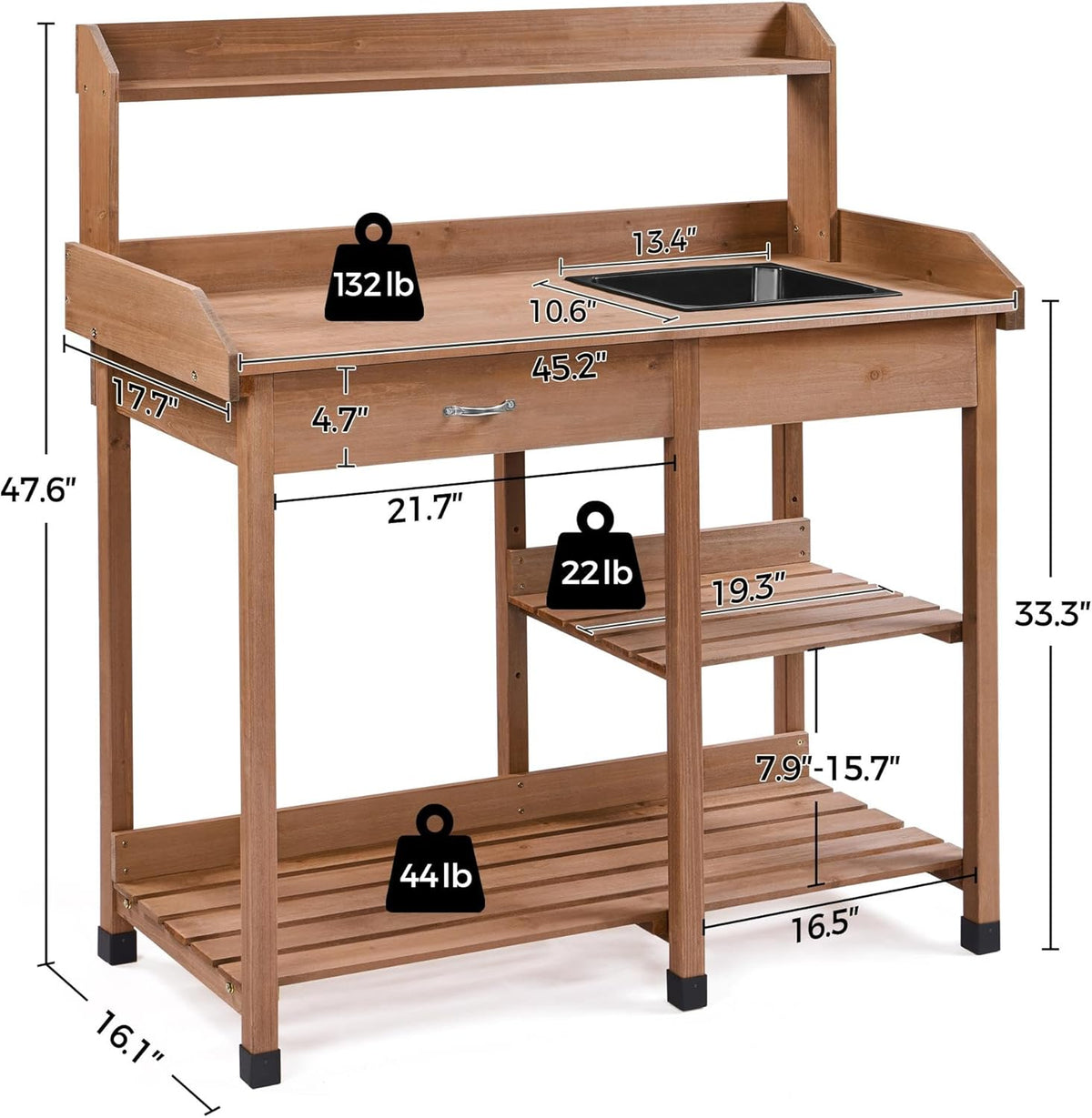 Yaheetech Potting Bench Outdoor Garden Work Bench Station Planting Solid Wood Construction for Horticulture w/Sink Drawer Rack Shelves Brown