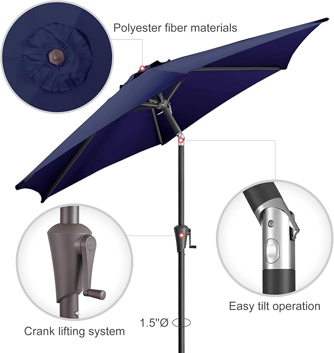 7.5ft Outdoor Patio Umbrella - Table Umbrella Waterprool UV Protection, Sombrillas de Patio with Push Button Tilt&Crank, Sun Umbrella for Pool, Porch, Garden, Deck, Backyard(Dark Blue)