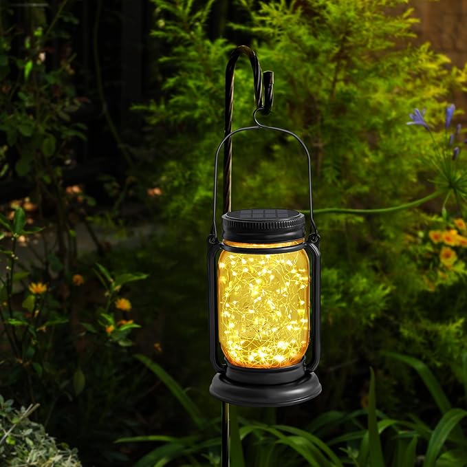 4 Pack Hanging Solar Lantern Lights,Vintage Glass Mason Jar Solar Fairy Lights, Mothers Day Gifts for Woman Mom Grandmom,Outdoor Decorative Waterproof Table Lamp with Stakes for Patio Yard Lawn Tree