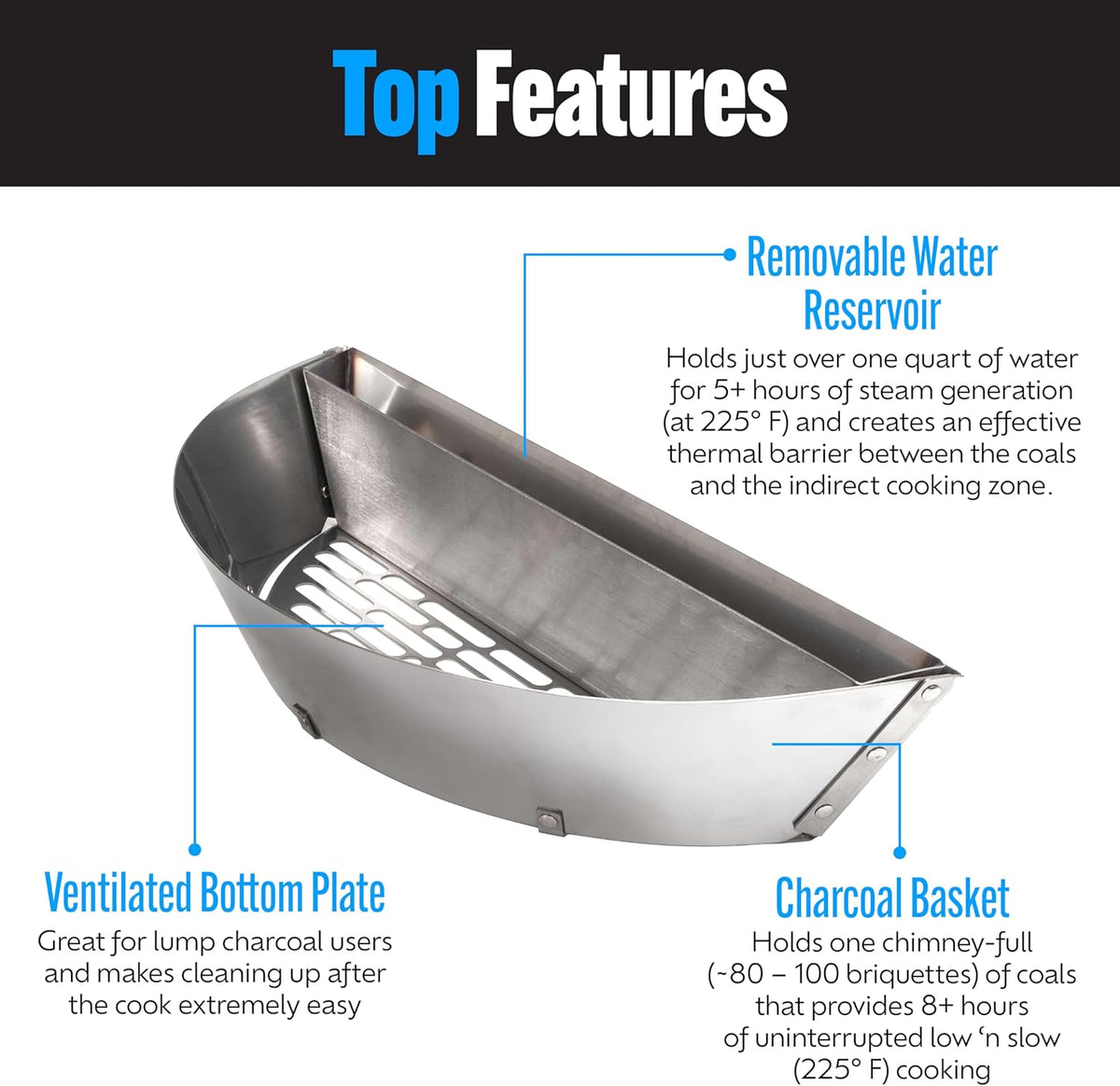 SnS Grills Slow ‘N Sear Charcoal Inserts for Low ‘N Slow & High-Heat Cooking - Patented Stainless Steel Accessories for Kettle Grills - Low Profile 22"