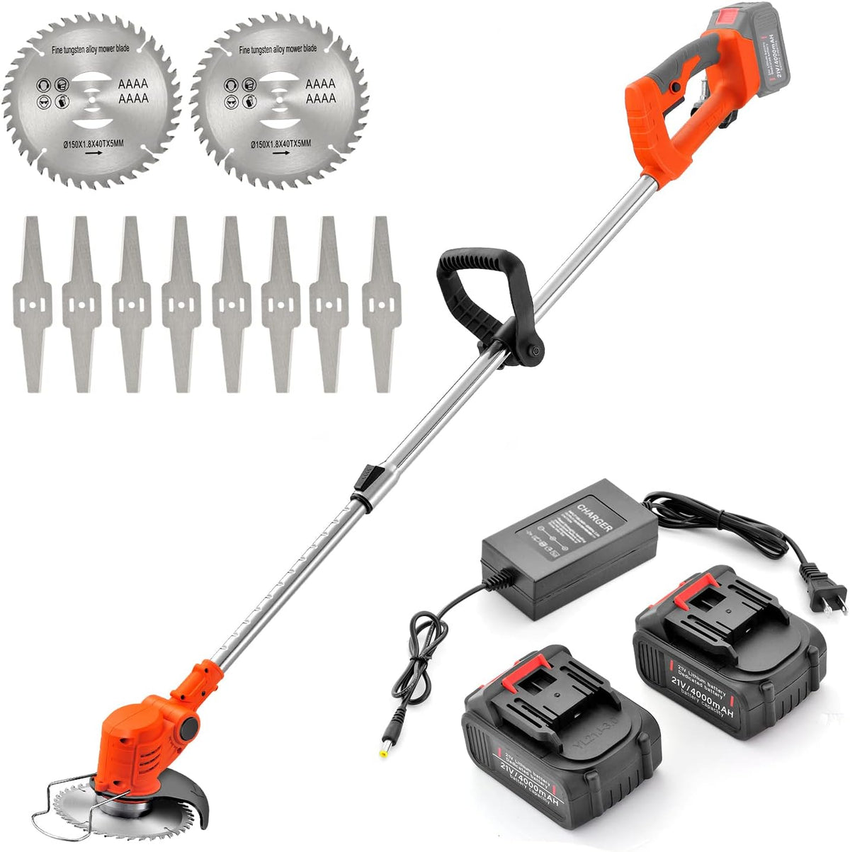 MAXMAN Weed Wacker, Weed Eater Battery Powered, Cordless Brush Cutter with 2Pcs 21V 4000mAh Batteries and 10Pcs Metal Blades, Lightweight Electric Grass Cutter Weed Trimmer for Yard Trimming & Edging