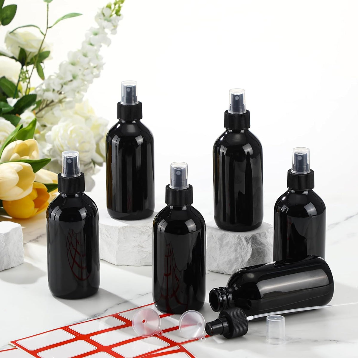 Norme 12 Pcs 8 oz Glass Spray Bottles with Funnels and Labels Refillable Cosmetic Empty Spray Bottles with Sprayer Containers for Essential Oil Cleaning Solutions(Black,Stylish)