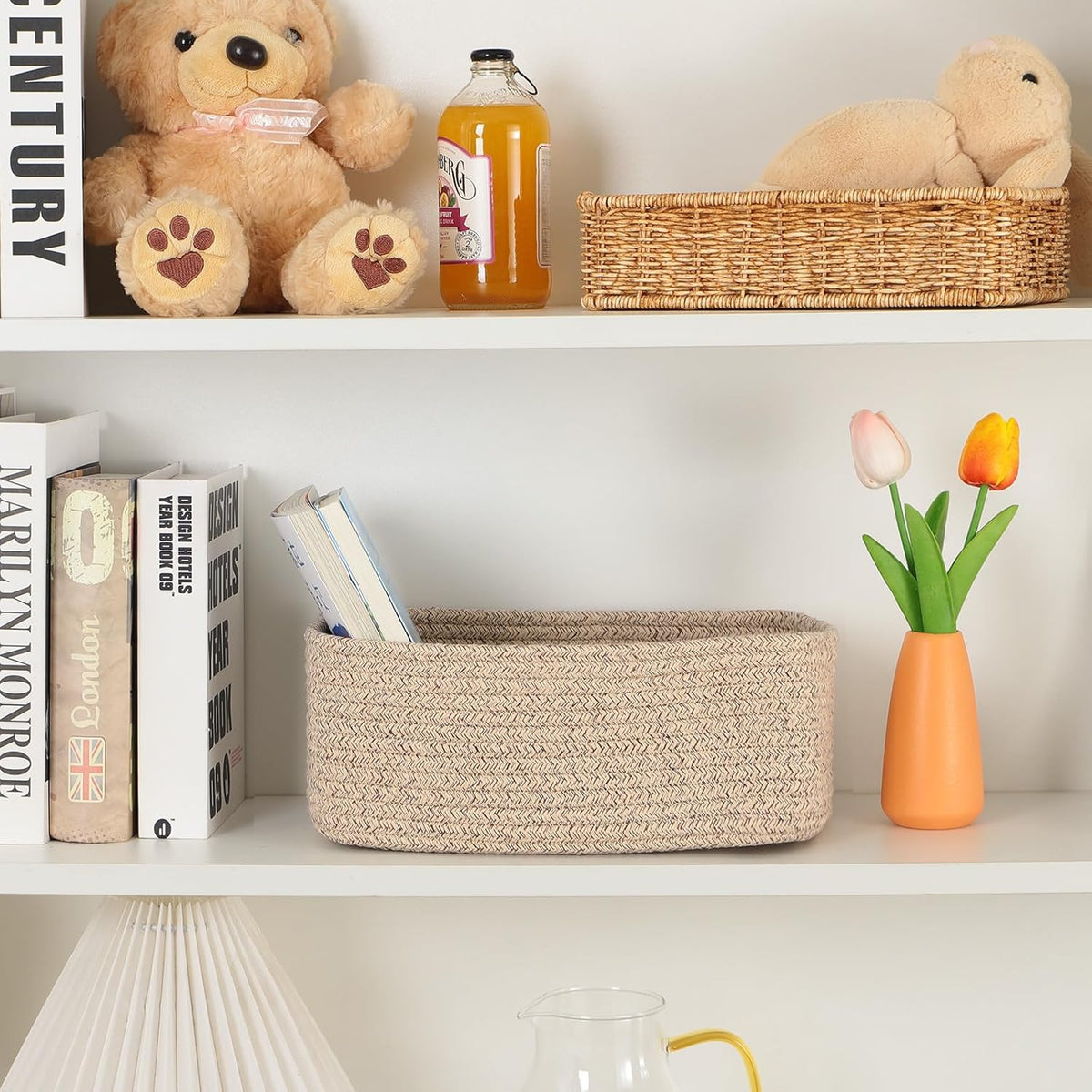 Small Storage Baskets for Organizing | Closet Organizer Bins | Shelf Toy Basket | Woven Rope Baskets | Cube Decorative Box | Shallow Basket | 11.5x7.5x4.7” | 4 Packs Mixed Brown