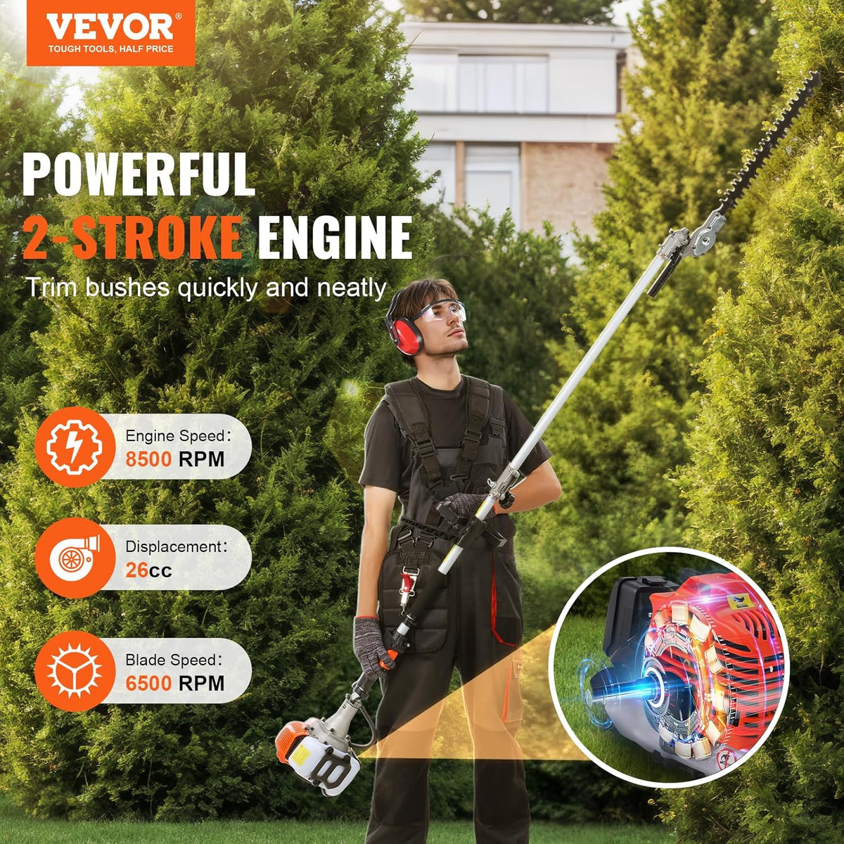 VEVOR 5-in-1 26cc 2 Cycle Gas Powered Dual Sided Hedge Trimmer, Weed Eater, String Trimmer, Edger, Pole Saw Chainsaw Pruner with EPA, CE and EMC Certification