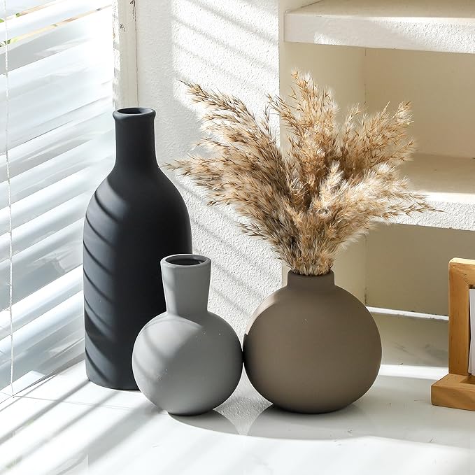 Ceramic Vase Set of 3 | Neutral Vases Home Decor | Modern Flower Pottery Vases Rustic Farmhouse Vase for Table Entryway Mantel Centerpiece Bookshelf Living Room Bathroom Bedroom -Multicolor Large