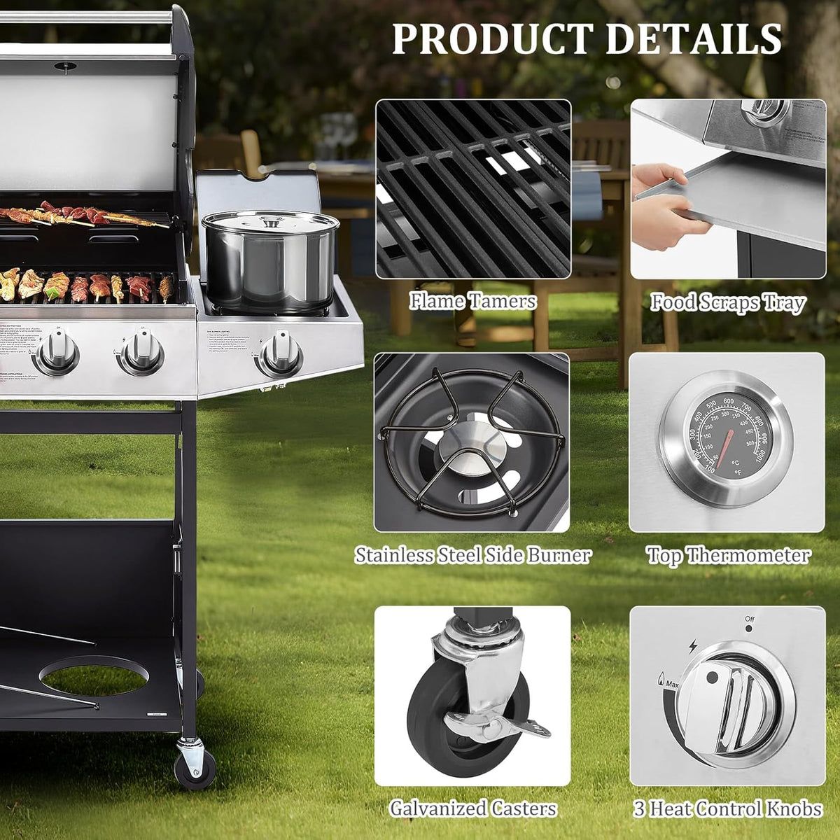 Unovivy 3-Burner Propane Gas BBQ Grill with Side Burner & Porcelain-Enameled Cast Iron Grates Built-in Thermometer, 39,000 BTU Outdoor Cooking, Patio, Garden Barbecue Grill, Black and Silver