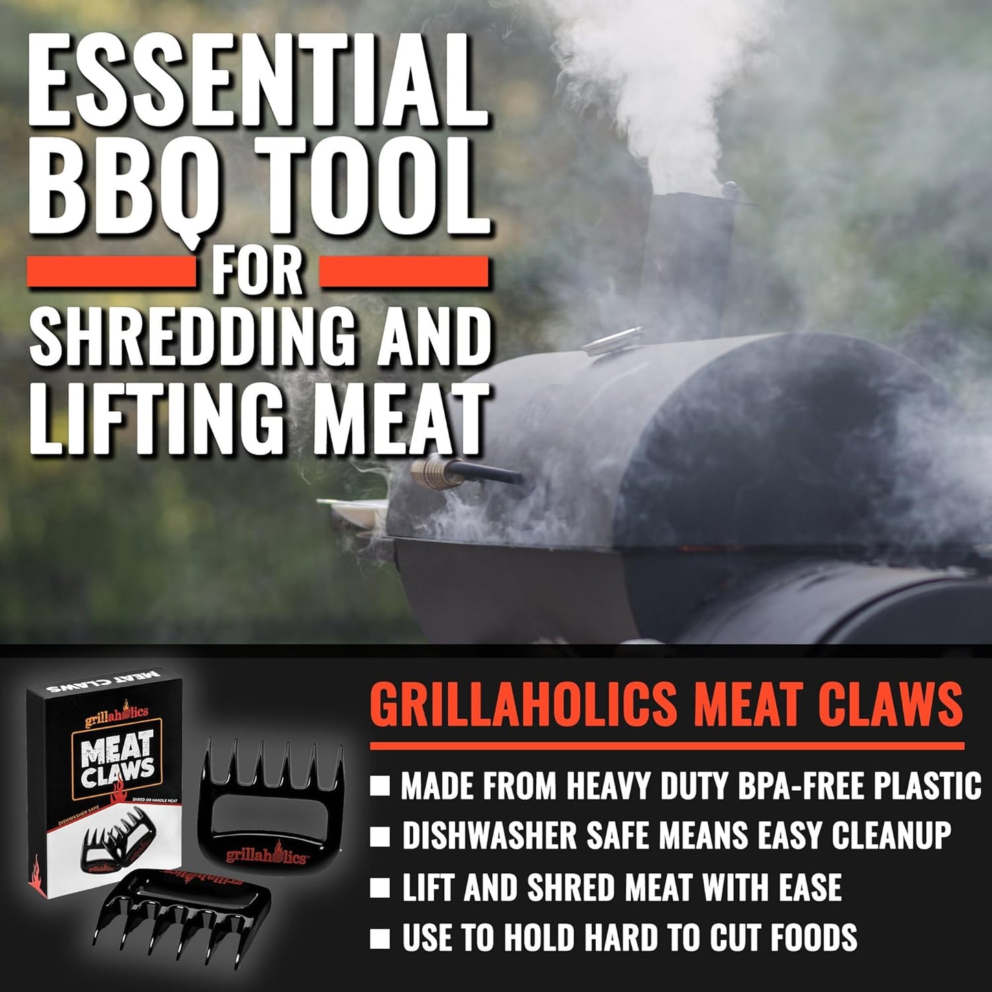 Grillaholics BBQ Meat Shredder Claws - Wolverine Style Ultra-Sharp Blades Quickly Lift Handle & Shred Meats - Best Dishwasher Safe Bear Claw Pulled Pork Meat Shredders in BBQ Grill Accessories (Black)