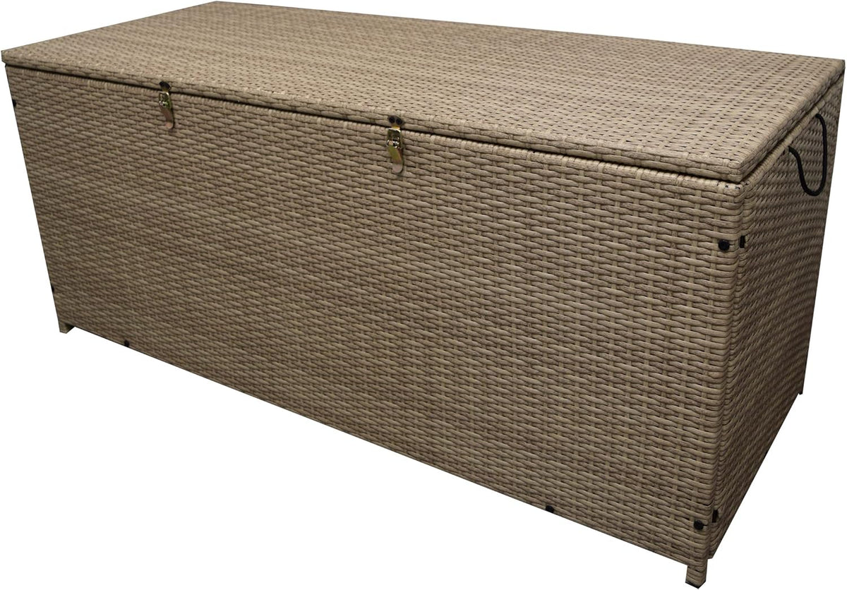 Oakland Living Tan Indoor and Outdoor Balcony Patio Deck Porch Pool 113 Gallon Wicker Storage Box Trunk Bin with Metal Frame