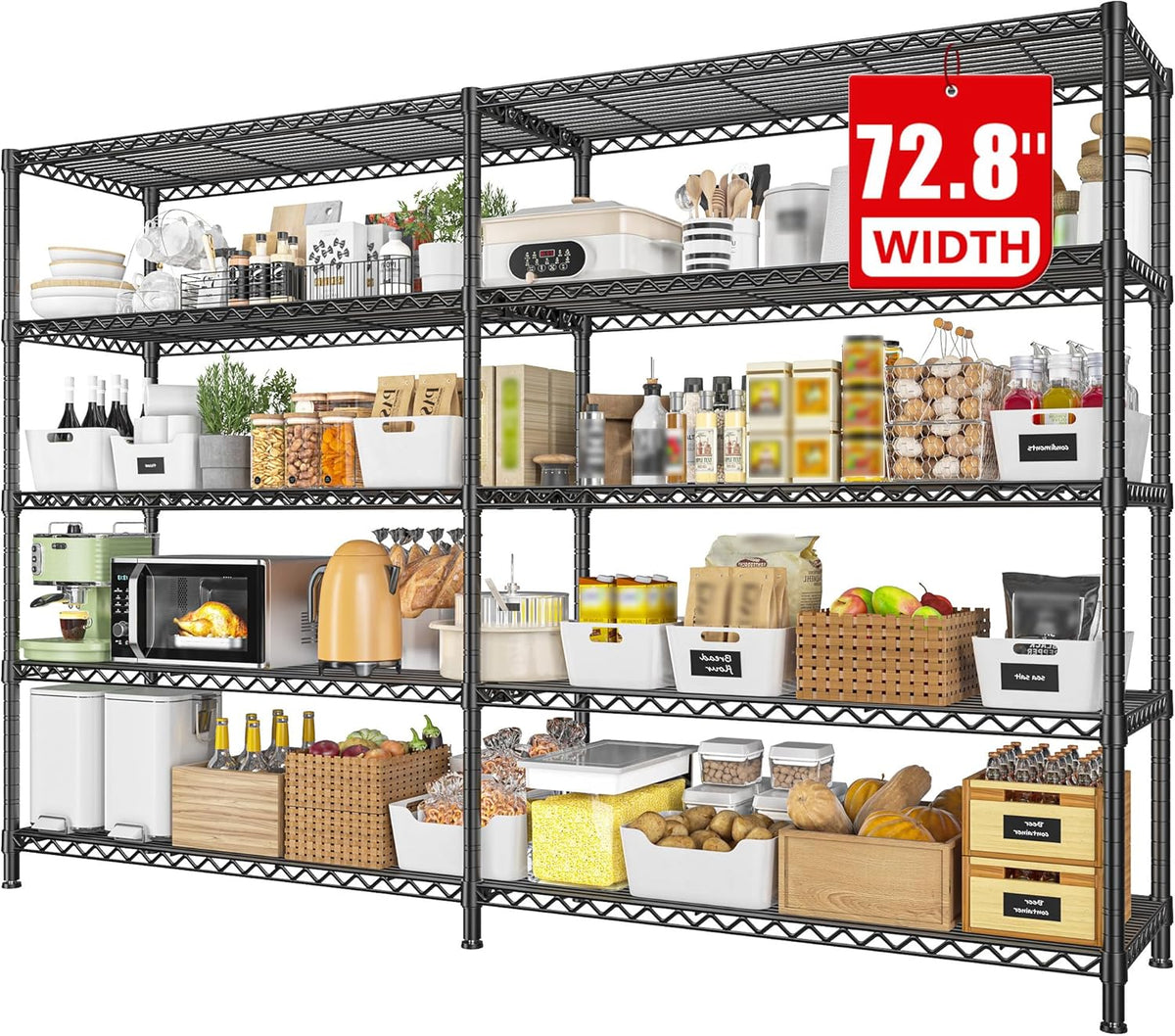 REIBII 72.8" W Storage Shelves Load 1600LBS, 5 Tier Metal Shelving Unit Wire Shelving for Storage Rack Heavy Duty Metal Shelves for Garage Pantry Kitchen, 17.7" D x 72.8" W x 70.9" H