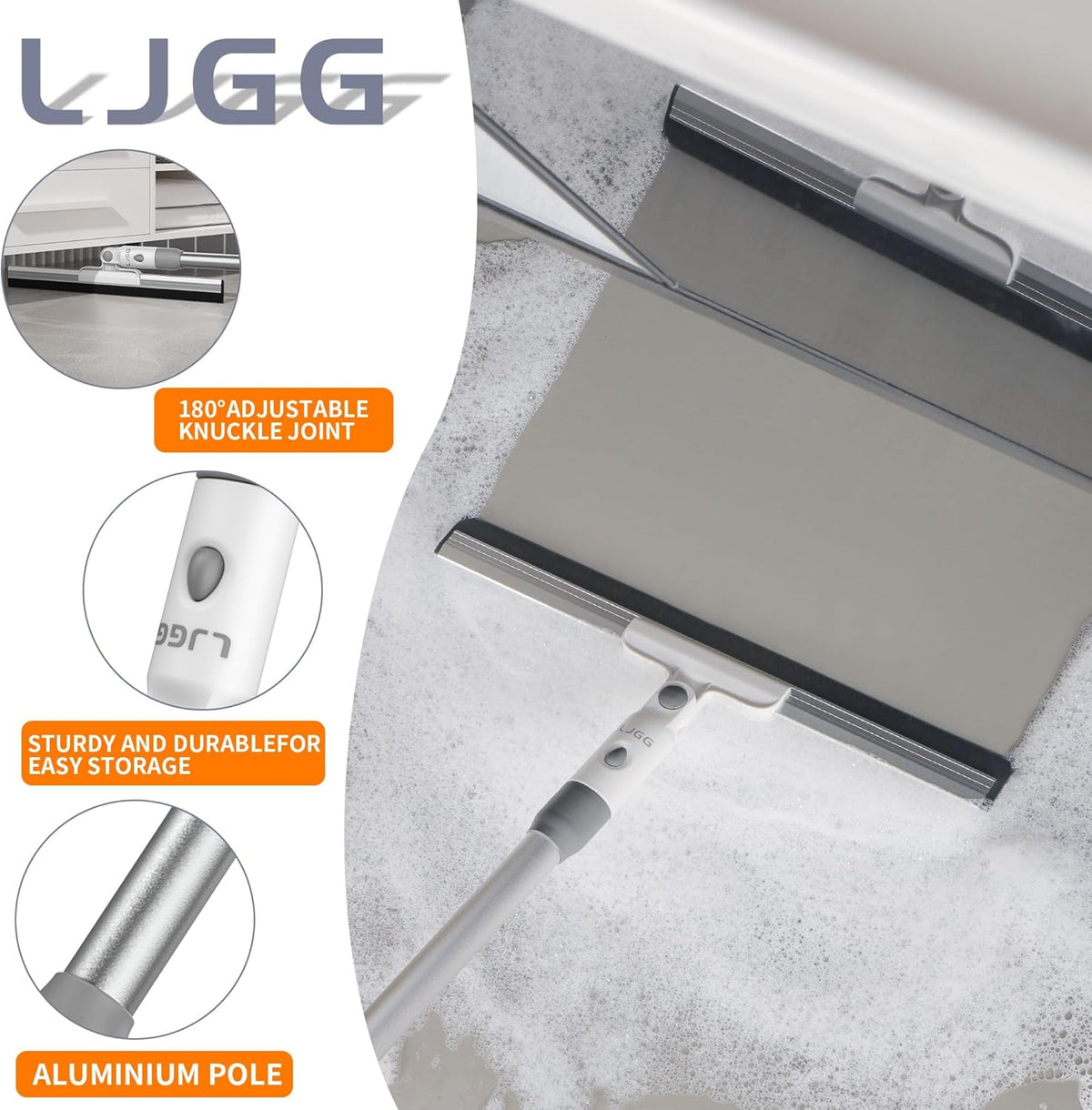 Squeegee Broom for Floor, 17" Rubber Squeegee with 51" Aluminum Alloy Pole for Bathroom Tile, Garage Concrete, Deck, Shower Glass, Window Cleaning, Squeegee Broom for Household Floor