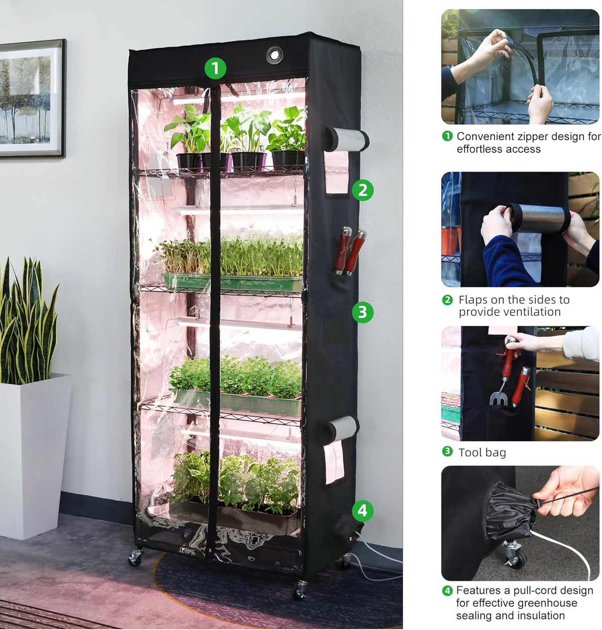 WORTH Mini Greenhouse with LED Grow Lights & Digital Thermo-Hygrometer – Portable Indoor Plant Grow Tent with Oxford Fabric Cover, Adjustable Shelves, Casters & Ventilation Flaps for Seed Starting