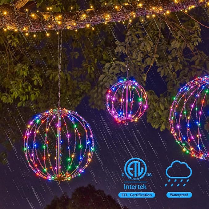 Christmas Ball Light Sphere, 10IN 48LED Hanging Tree Light and Pathway Lights with Hook and Stake, Foldable Metal Frame Light Ball for Outdoor Garden, UL Listed, Brown Frame, RGB