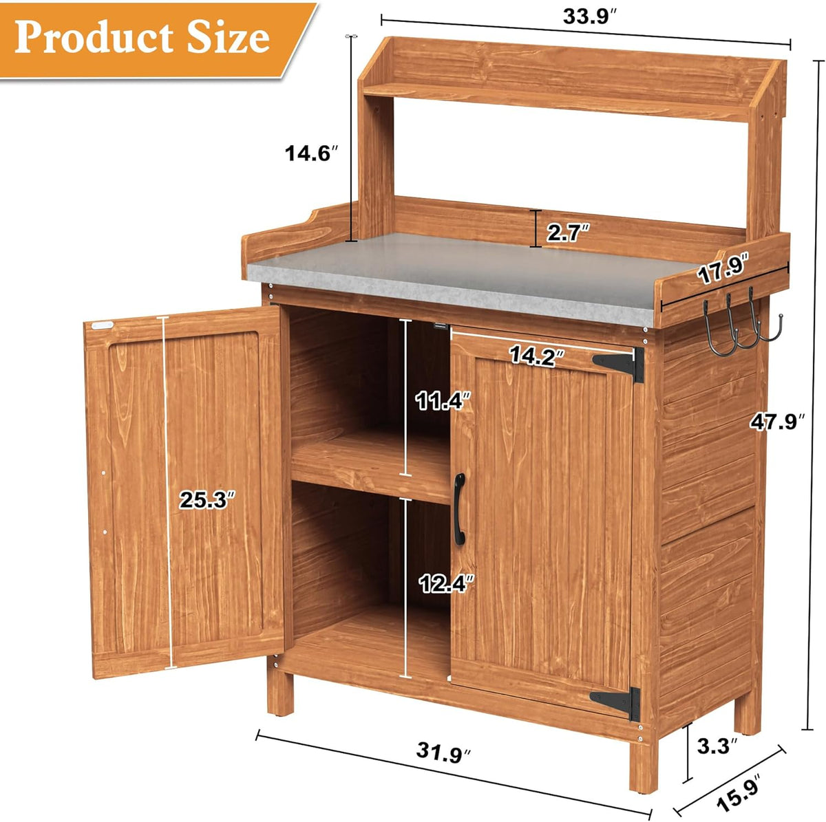 Outdoor Potting Bench with Storage, Wooden Garden Potting Table with Metal Tabletop and Removable Shelf, Potting Work Bench Station for Garden, Patio, Backyard