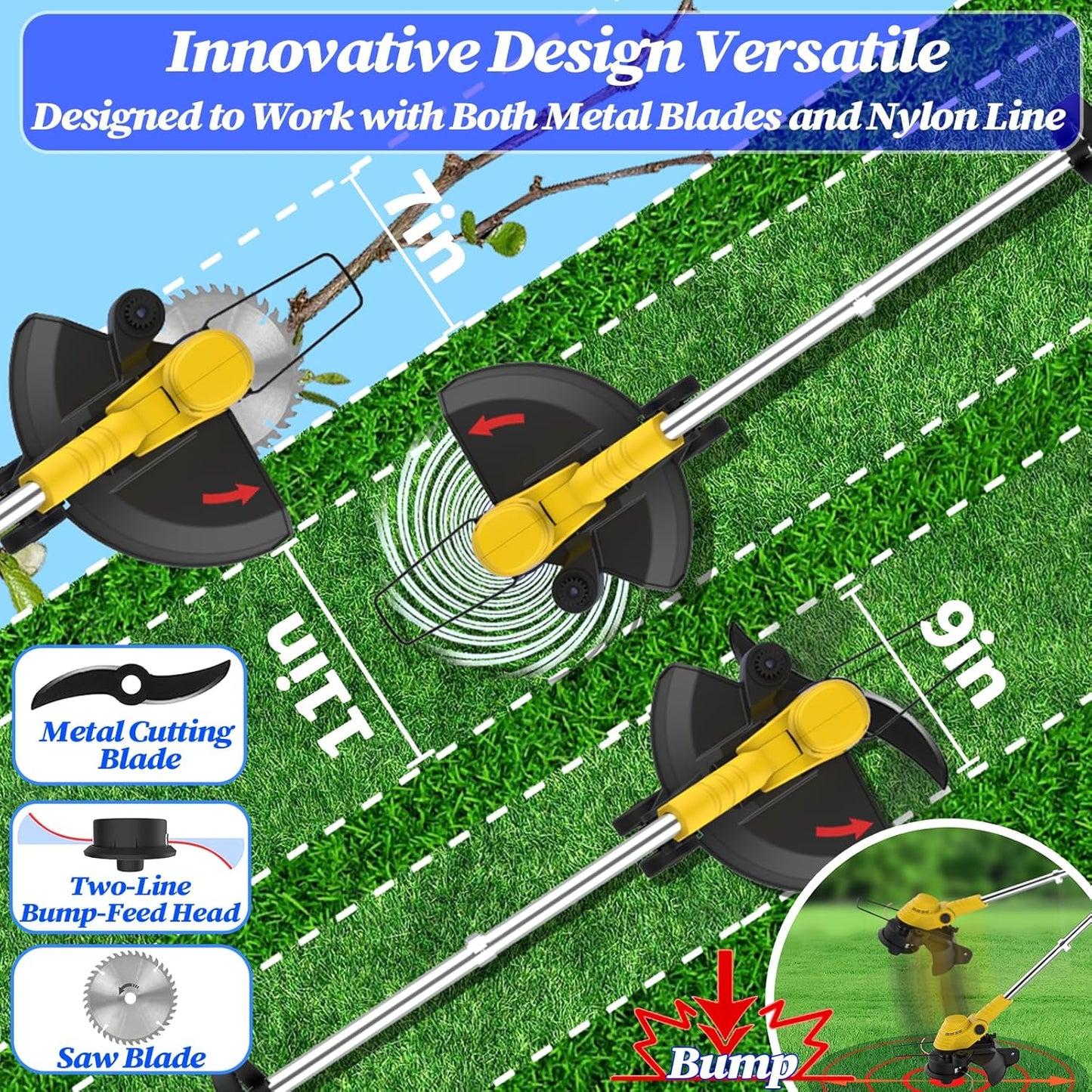20000 RPM(6.0AhX2) Electric Weed Wacker,Dual-Durable-Line,Metal Blades,Wheel,4-in-1 Battery Powered Weed Eater Cordless+String Trimmer+Edger Lawn Tool+Brush Cutter,Weed Whacker
