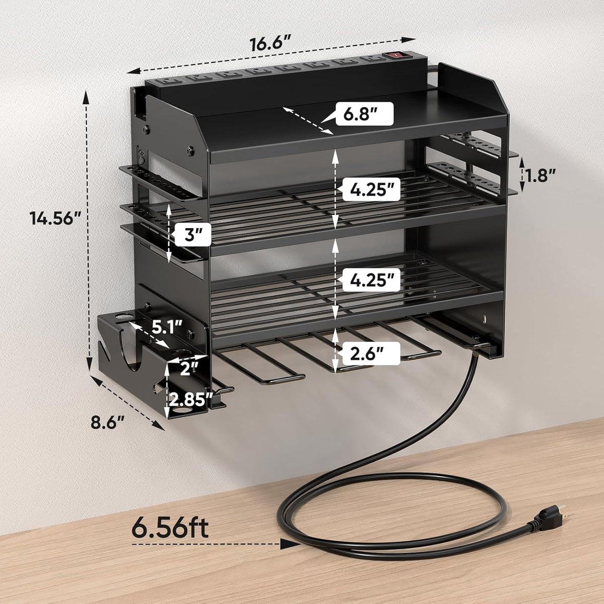Power Tool Organizer Wall Mount with Charging Station,Tool Storage Rack with 8 Outlet Power Strip,Heavy Duty Metal Battery Utility Rack with 4 Cordless Drill Holder 6.56 Ft Cord for Garage
