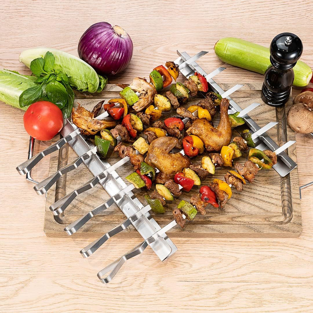 Restaurantware Met Lux 16.9 Inch Barbecue Skewers With Racks 8 Piece Heavy-Duty Shish Kabob Skewer Set - Brings 6 Skewers Includes 2 Grill Racks Stainless Steel Grilling Skewer Set Reusable