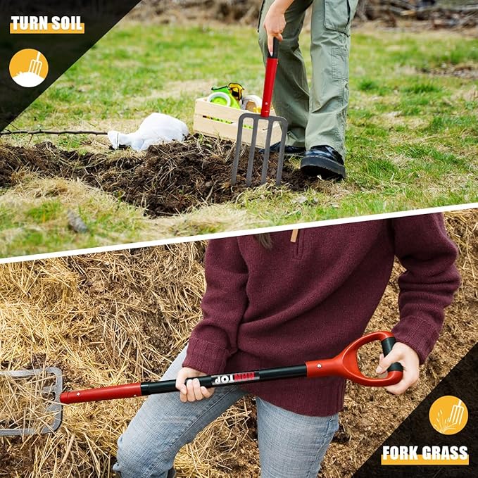 4-Tine Pitch Fork Garden Digging Fork Spading Fork Heavy Duty Pitchfork for Gardening Potato Fork, 43 inches