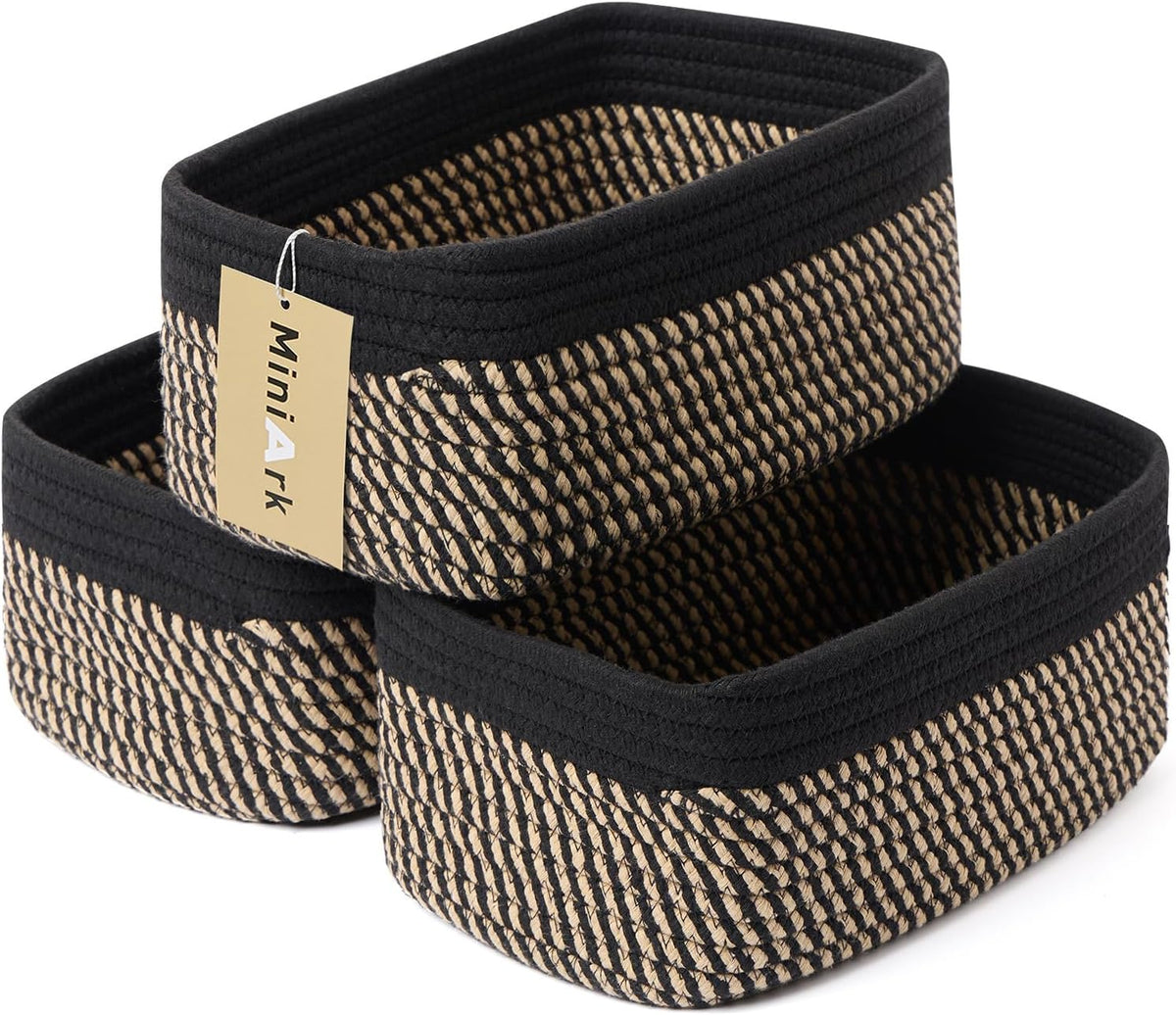 Small Storage Baskets for Organizing | Closet Organizer Bins | Shelf Toy Basket | Woven Rope Baskets | Cube Decorative Box | Shallow Basket | 11.5x7.5x4.7” | 3 Packs Black Brown