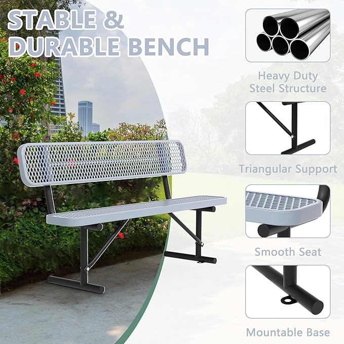 Heavy Duty Park Bench with Back Portable Frame, Outdoor Steel Bench with Backrest, Outdoor Park Bench Expanded Metal Mesh Bench for Lawn, Park, Deck, Garden, Patio, Porch, Black (Gray, 6FT)