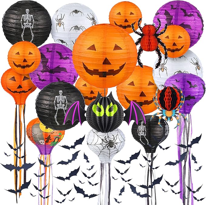 48 Pieces Halloween Decorations Paper Lanterns Pumpkin Skeleton Paper Lanterns 3D Bat Wall Stickers Spider Wall Hanging for Halloween Party Garden Bedroom Cobwebs Indoor Outdoor, 12 Inch and 8 Inch