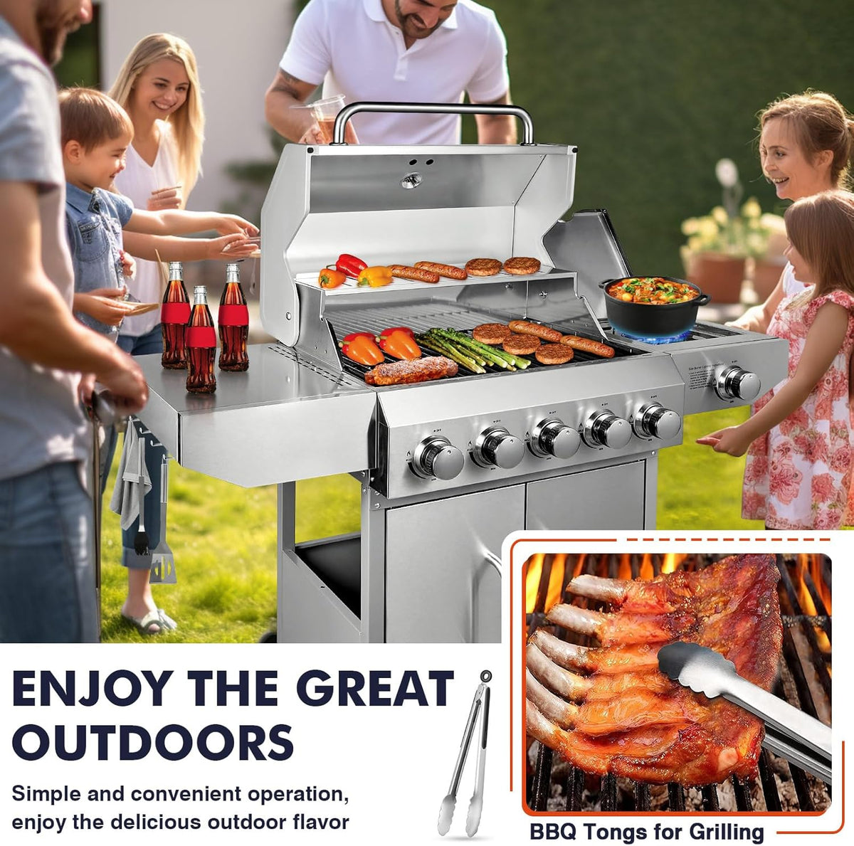 Llamaviva 5 Burner Propane Gas Grill with Side Burner,Stainless Steel BBQ Grill with Porcelain-Enameled Cast Iron Grates, 68000 BTU Cabinet-Style Cart Design for Outdoor Patio Barbecue- food clip