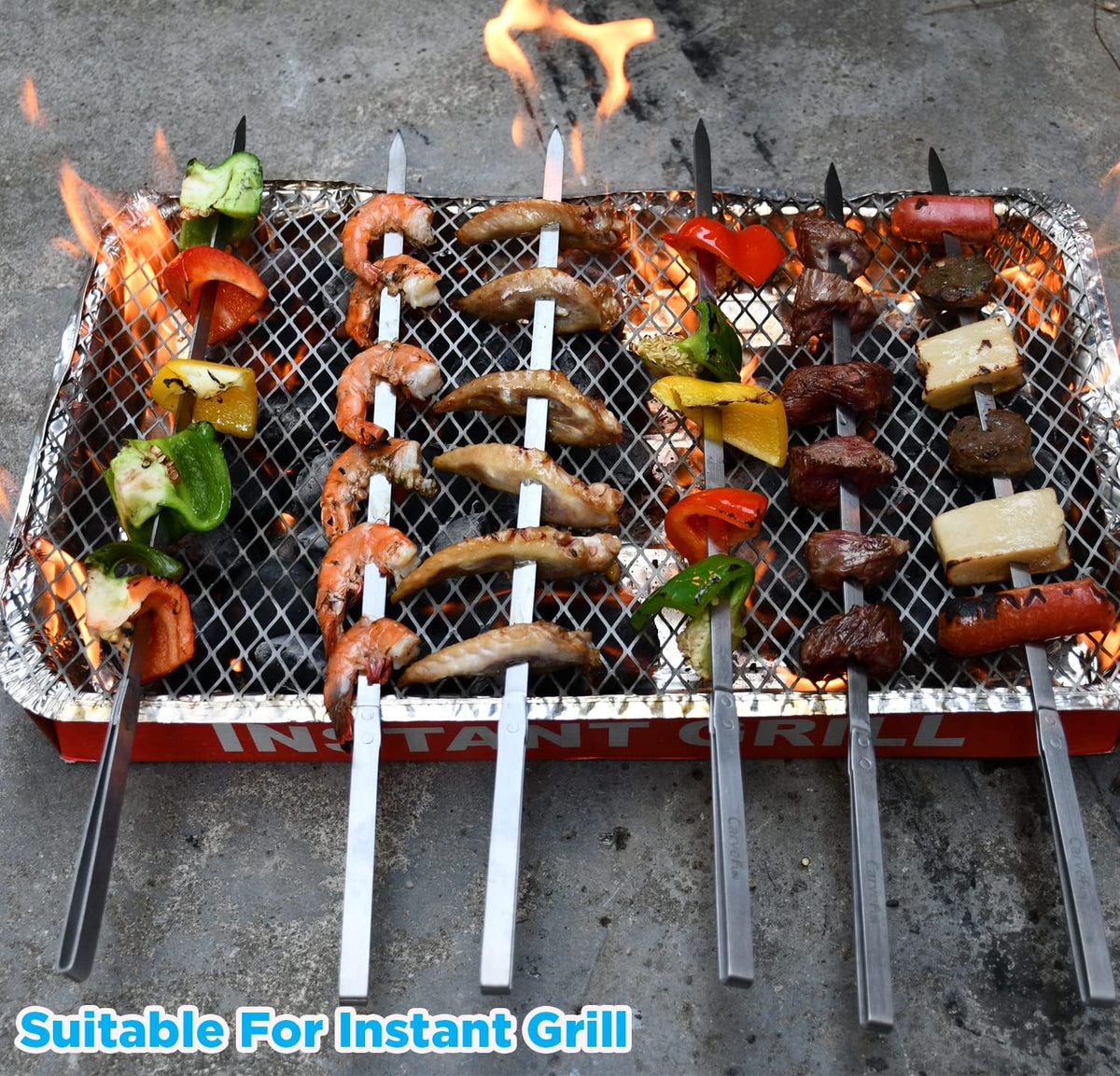Innovative Thermal Insulation Handle BBQ Skewers Set - 6 Stainless Steel Wide BBQ Kebob Sticks For Grill - Flat Metal With 1 Food Remover Bar - 16.7' Inch Metal Kabob Skewers