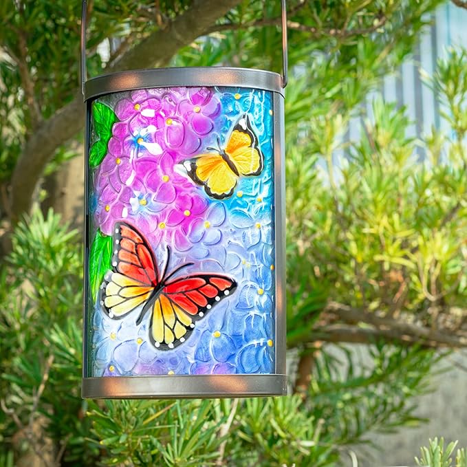 Hanging Solar Lantern Outdoor Waterproof LED Solar Lights Butterfly Decorative Lanterns Tabletop Lamp for Outdoor Patio Garden Yard Decor