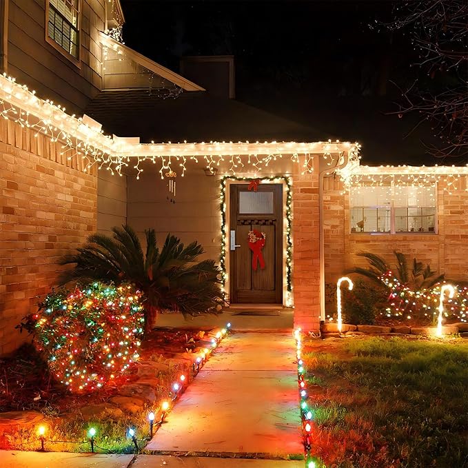 38Ft C9 LED Christmas Pathway Lights Outdoor, 25 Multicolor Bulbs String Waterproof With Stakes, Connectable Walkway for Outdoor Yard Lawn Sidewalk Driveway Decor