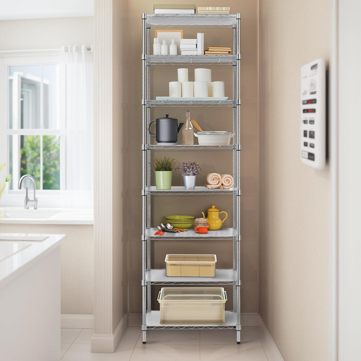 Finnhomy 8-Tier Wire Shelving Unit Adjustable Steel Wire Rack Shelving, 80.7 Inches Height 8 Shelves Metal Storage Rack, Pantry Shelves for Storage with PE mat, NSF Certified, Chrome