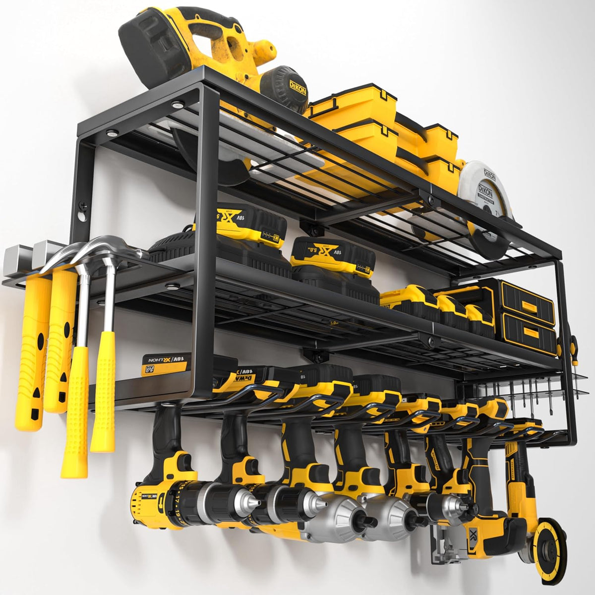 YYR Heavy Duty Power Tool Organizer Wall Mount, Cordless Drill Hanger Storage Rack, Battery Tools Holder with Charging Station Shelf for Garage Organization, Workshop, Pegboard, Shed - 32 Inch 8 Slots