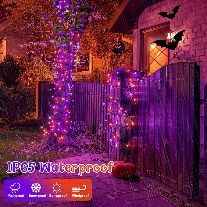 2 Pack Orange and Purple Halloween Lights, Total 151ft 400 LED Halloween Solar Lights Outdoor,8 Modes Solar String Lights Outdoor Waterproof