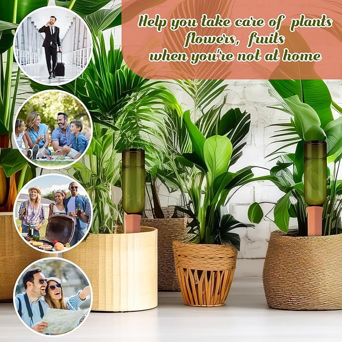 6 Sets Plant Watering Devices Include Terracotta Self Watering Spikes and 26 oz Plastic Bottles, Slow Release Vacation Insert Automatic Plant Waterer Device (Green and Terracotta)