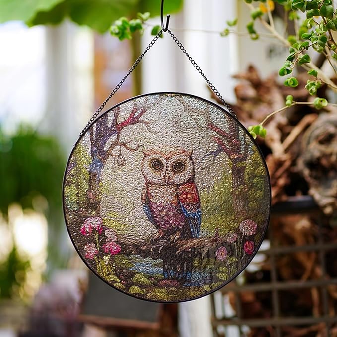 Hanging Stained Glass for Windows,20cm/7.87inch Owl Suncatcher Stained Glass Garden Hangings Ornaments Mother's Day Valentine's Day Halloween Fall Christmas Decor for Home (A Style)